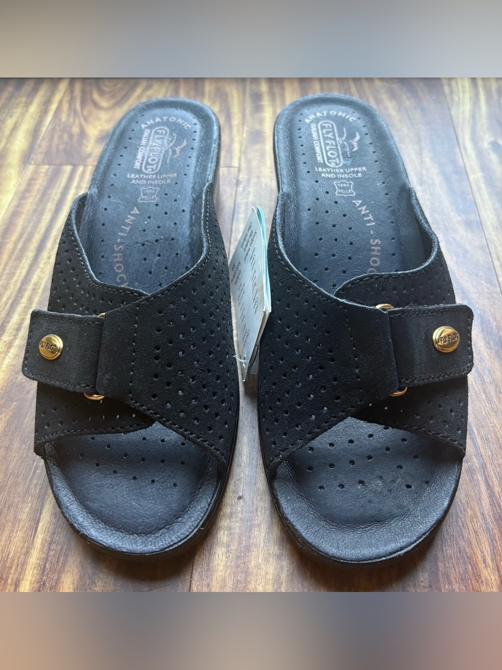 NWT Fly Flot Black Leather Sandals Women’s size 40/9.5 US